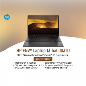 HP ENVY Laptop 13-ba003TU with mountain background and specifications