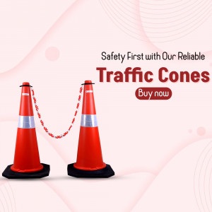 Two orange traffic cones connected by a chain with a 'Buy Now' button.