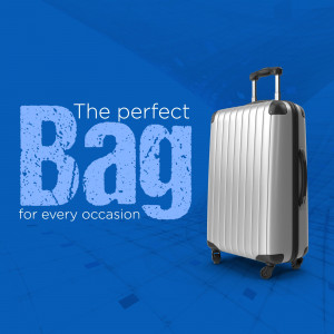Silver suitcase with the text 'The perfect Bag' on a blue background
