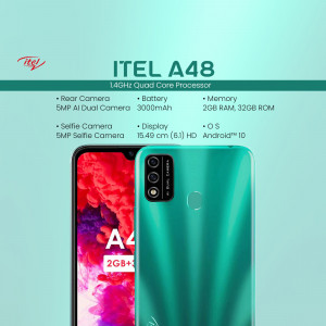 Itel A48 smartphone with teal green back cover and specifications