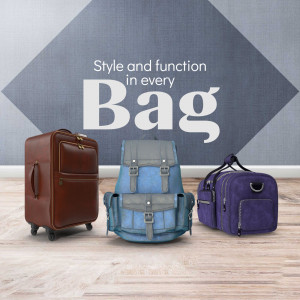 Three different types of bags - suitcase, backpack, and duffel bag - displayed on a wooden floor.