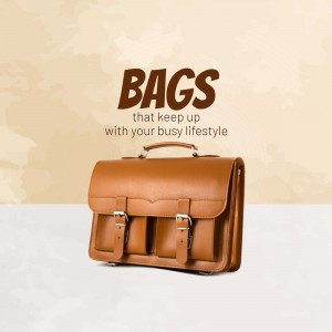Brown leather satchel bag on a beige background with text 'BAGS that keep up with your busy lifestyle'