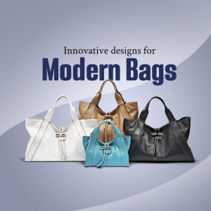A collection of four modern leather handbags in white, blue, brown, and black.