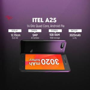 Itel A25 smartphone with display and battery details