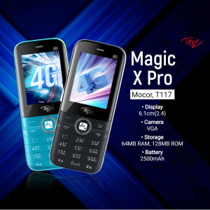 Two itel Magic X Pro 4G feature phones displayed against a blue abstract background.