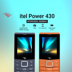 itel Power 430 mobile phone in purple and orange colors