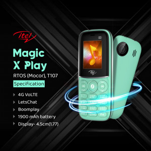 itel Magic X Play mobile phone with teal color and music playing on screen