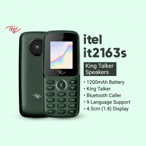 Dark green itel it2163s King Talker feature phone with a small display and keypad.