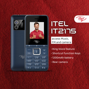 Itel IT2175 mobile phone with a dark blue finish and red textured background.