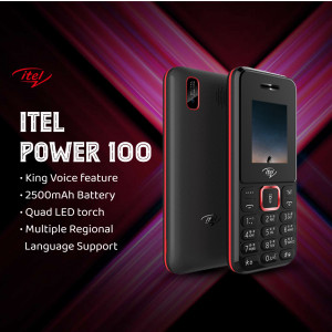 Itel Power 100 black feature phone with red accents