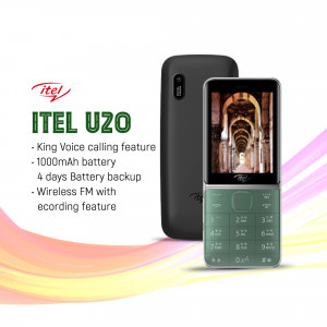 Itel U20 mobile phone with key features highlighted