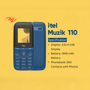 Itel Muzik 110 blue feature phone with specifications