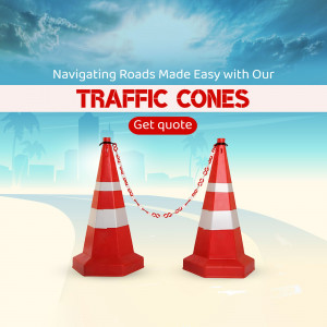 Red and white traffic cones with a city skyline background
