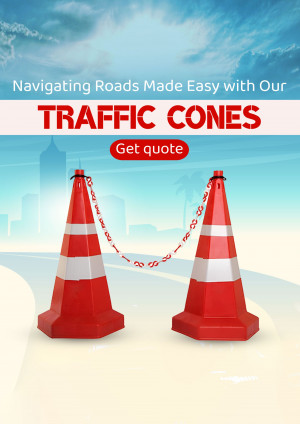 Red and white traffic cones with a city skyline background