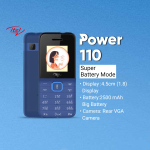 Blue itel Power 110 feature phone with a small display showing a person talking.