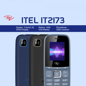 ITEL IT2173 mobile phone in blue and black colors with specifications