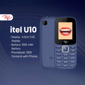 Blue itel U10 feature phone with a small display showing lips