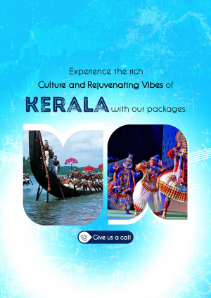 Kerala tourism advertisement featuring traditional boat races and Kathakali dance.