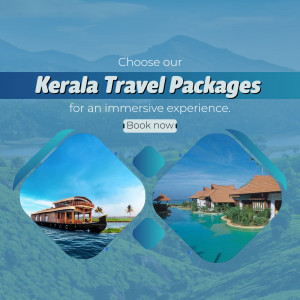 Kerala Travel Packages advertisement with images of houseboats and beach resorts.