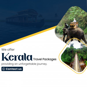 Kerala travel advertisement featuring a houseboat, elephant ride, and lush landscapes.
