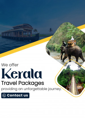 Kerala travel advertisement featuring houseboats, elephants, and lush landscapes.