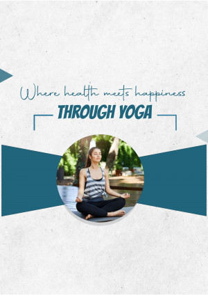 Woman meditating in a park with text overlay 'Where health meets happiness through yoga'