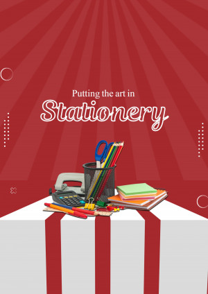 Stationery supplies arranged on a white and red striped surface with text 'Putting the art in Stationery'