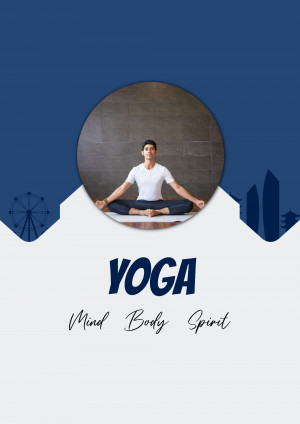 Man meditating in lotus position with yoga text overlay