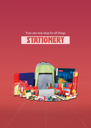 Stationery items including backpacks, notebooks, pens, pencils, and other school supplies arranged in a promotional display.