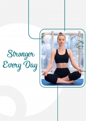 Woman meditating in lotus position with text 'Stronger Every Day'