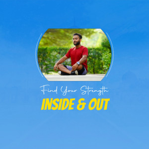 Man meditating in a park with motivational text