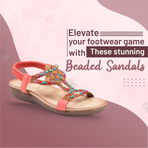 Close-up of stylish beaded sandals on a pink and brown gradient background.