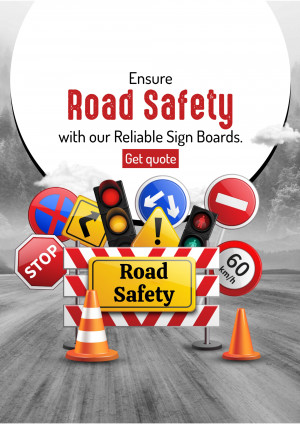 Road safety sign boards with traffic signals and cones