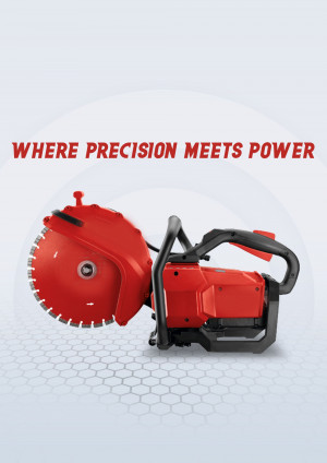 Red power cutter tool on a light grey background with text overlay