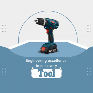 Bosch cordless power drill with battery on a blue and white background