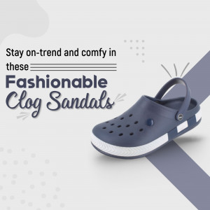 Blue and white clog sandals on a light gray background with text promoting comfort and style.
