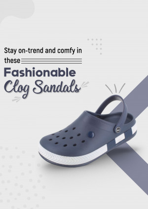 Navy blue and white clog sandals on a grey background