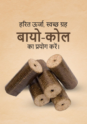 Image of bio-coal briquettes with Hindi text promoting their use for a clean home.