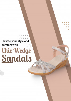 Close-up of a stylish silver wedge sandal on a peach and white background.