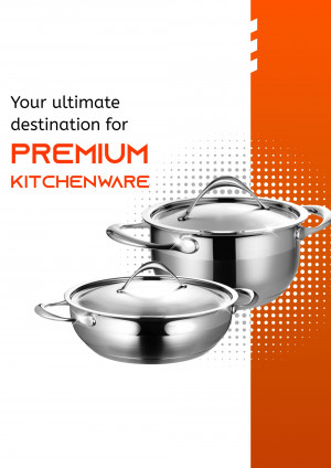 Stainless steel pots and pans with lids, kitchenware advertisement