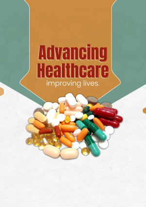 Pills and capsules with the text 'Advancing Healthcare, improving lives.'