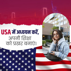 Image of a student with USA landmarks and flag, promoting study abroad opportunities.