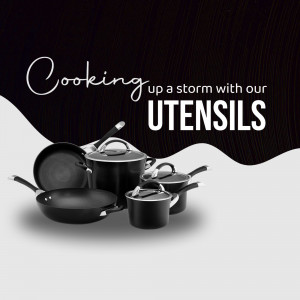 A collection of black cooking utensils including pots, pans, and lids.