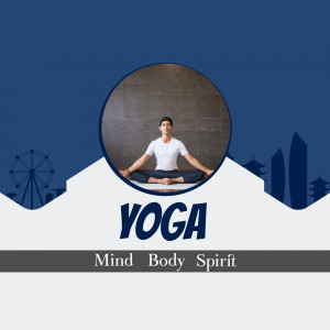 A person meditating in a lotus position with the word 'YOGA' and the phrase 'Mind Body Spirit' displayed.
