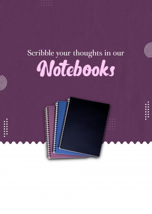 Stack of colorful notebooks with text 'Scribble your thoughts in our Notebooks'