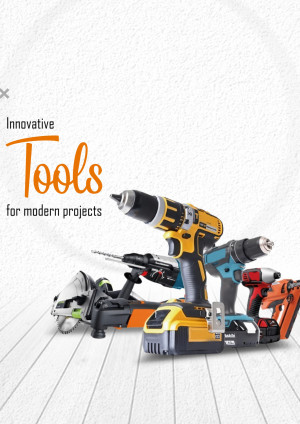 Assortment of modern power tools including drills, saws, and nail guns.