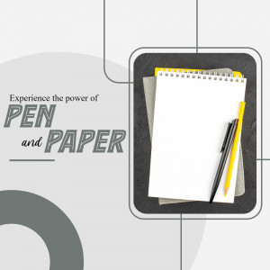 Overhead view of a notepad, pen, and pencil on a gray surface with text 'Experience the power of Pen and Paper'