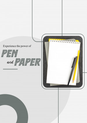 A notepad, pen, and pencil on a surface with text 'Experience the power of Pen and Paper'