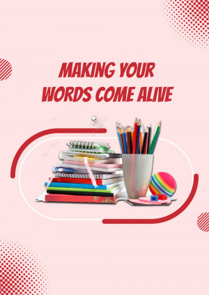 Stack of notebooks, pencils, and stationery with text overlay