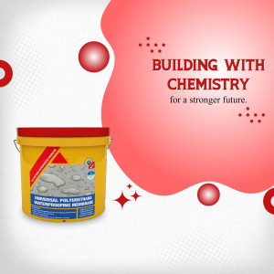 Image of a bucket of Universal Polyurethane Waterproofing Membrane with red abstract background.